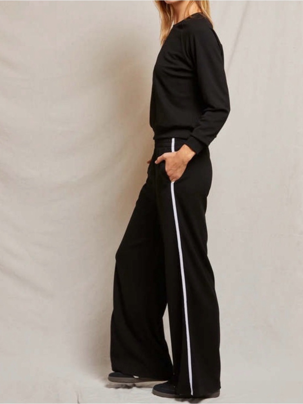 PERFECTWHITETEE Wide Leg Track Pants with Side Stripe - Black w white stripe
